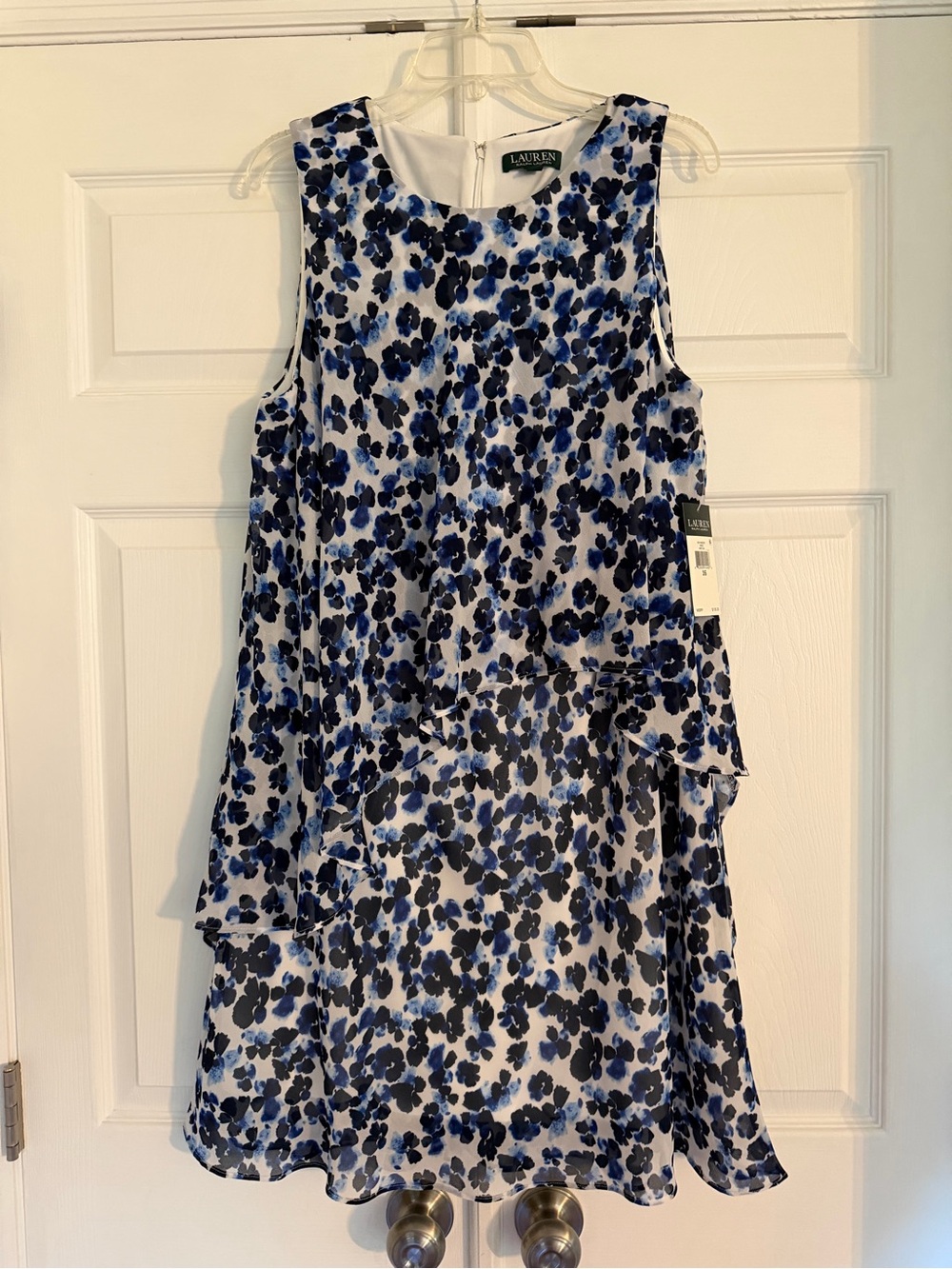 Lauren Ralph Lauren White Dress with Blue & Black Tiered Floral Print.  New